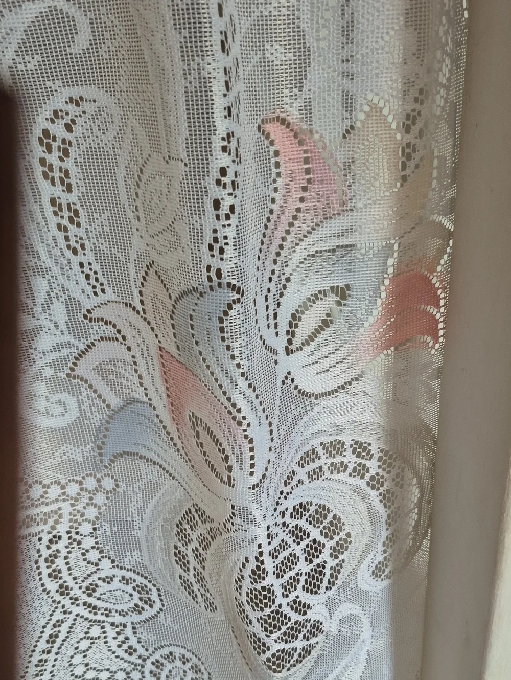 Delicate White Lace Swag Curtain with Pink Floral Accents 58x30